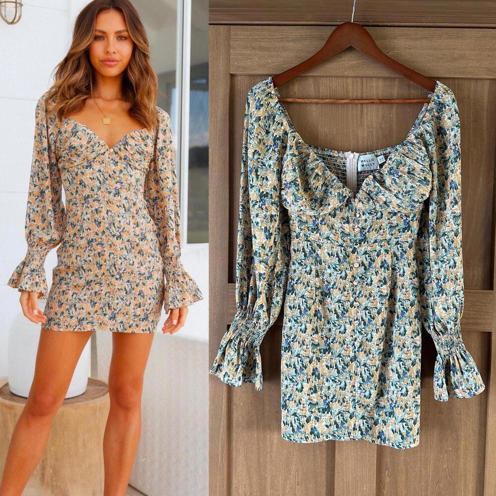 Hello Molly Love First Bell Sleeve Mini Dress in Orange/Sage Floral size Small​